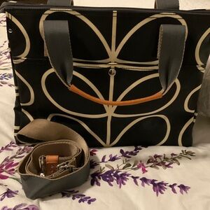 Orla Kiley Black and Cream Patterned Tote Bag with Tan Handle & Shoulder Strap
